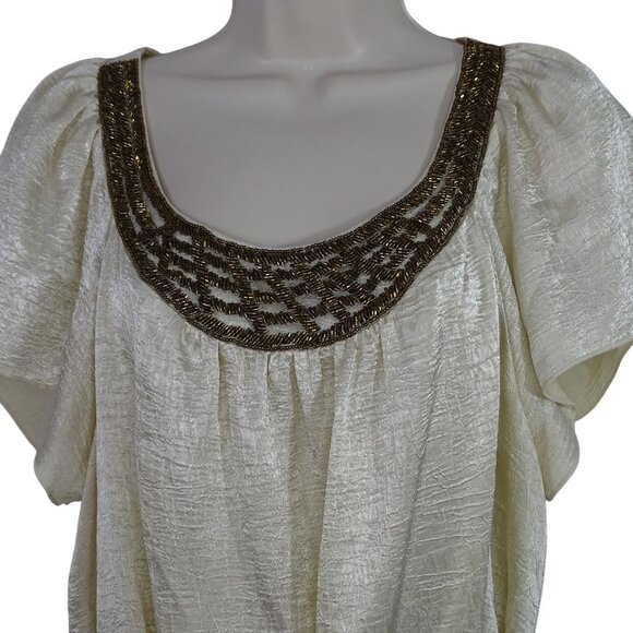 Cato Gold Tunic Blouse Woman Size 14W 16W Beaded Neckline Tie Waist Short Sleeve - Picture 2 of 8
